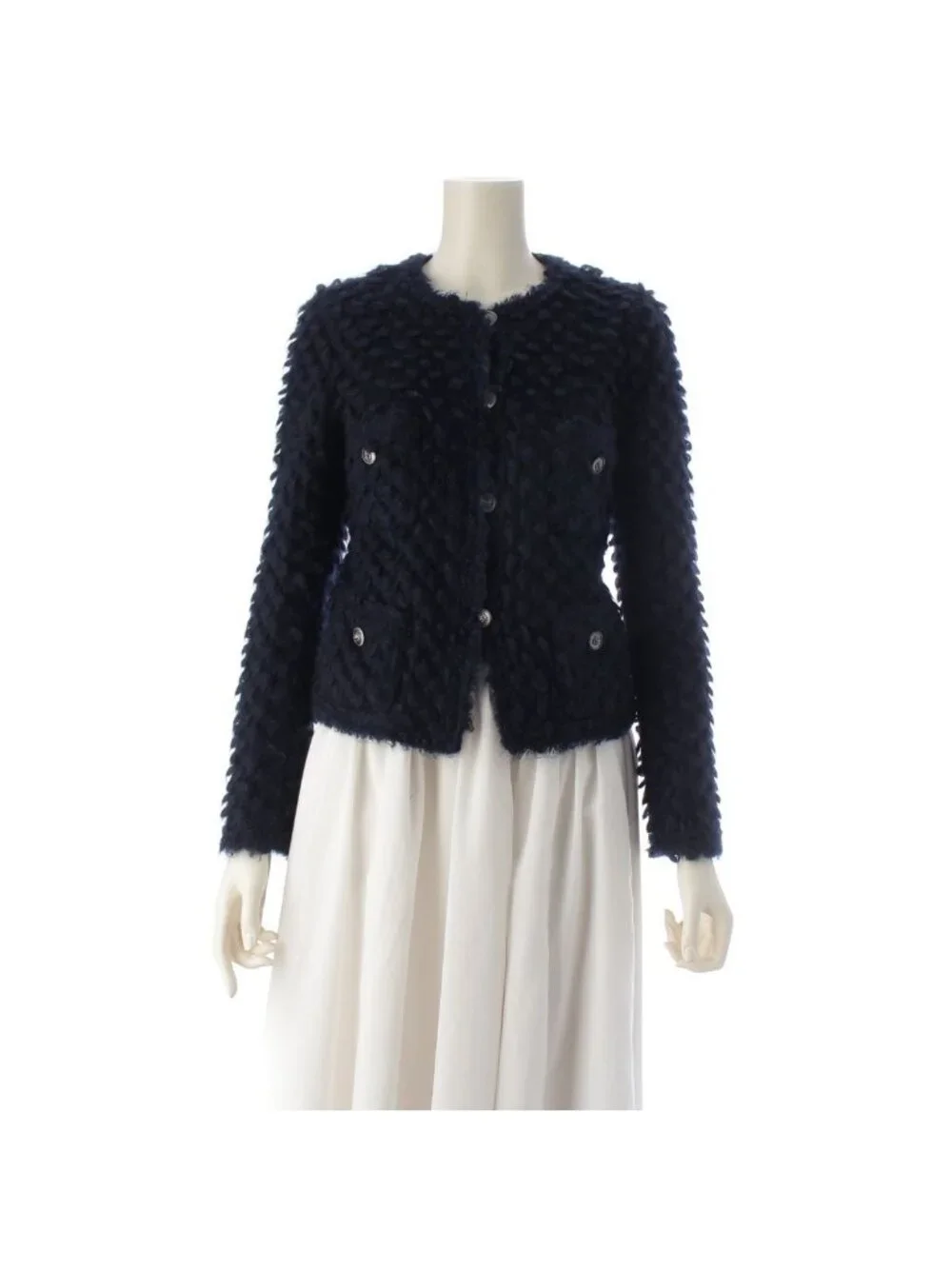 Chanel Mohair Nylon Little Black Shaggy Collarless Jacket Navy 34